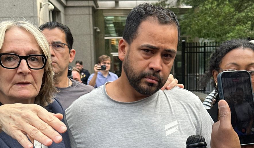 Manuel Hernandez leaves U.S. district court in Manhattan with his lawyer, Amy Gallicchio, on Monday, Aug. 10, 2026, after being charged in the deaths of two people in a boating accident in New York Harbor. (AP Photo/Larry Neumeister)
