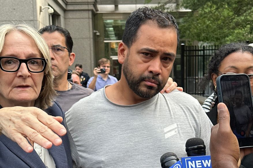 Manuel Hernandez leaves U.S. district court in Manhattan with his lawyer, Amy Gallicchio, on Monday, Aug. 10, 2026, after being charged in the deaths of two people in a boating accident in New York Harbor. (AP Photo/Larry Neumeister)