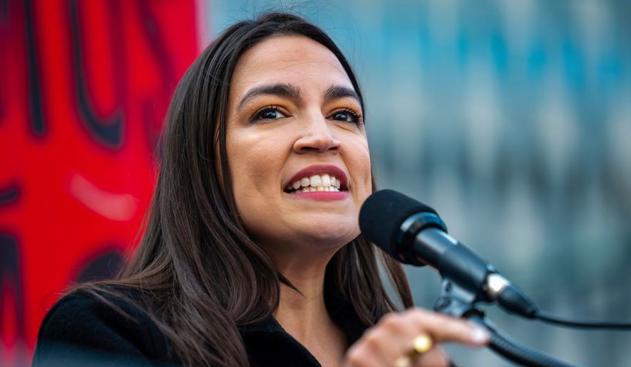 Rep. Alexandria Ocasio-Cortez, D-N.Y., speaks at the NYCLU's May Day rally for workers' and immigrants' rights at Foley Square, May 1, 2025, in New York. (AP Photo/Angelina Katsanis, File)