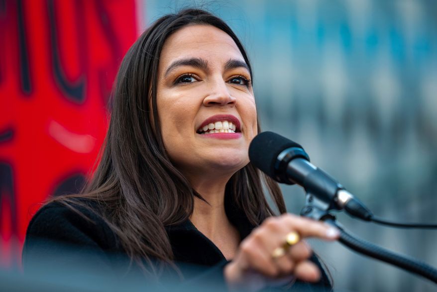Rep. Alexandria Ocasio-Cortez, D-N.Y., speaks at the NYCLU's May Day rally for workers' and immigrants' rights at Foley Square, May 1, 2025, in New York. (AP Photo/Angelina Katsanis, File)