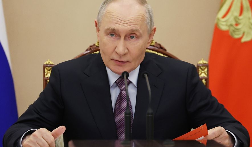 Russian President Vladimir Putin holds the Security Council meeting in Moscow, Friday, Aug. 7, 2026. (Alexander Kazakov, Sputnik, Kremlin Pool Photo via AP)