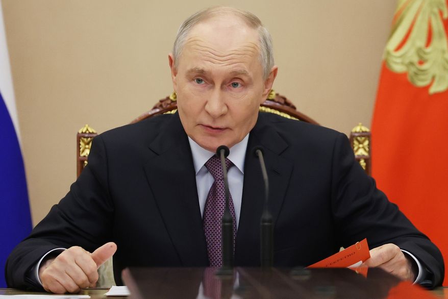Russian President Vladimir Putin holds the Security Council meeting in Moscow, Friday, Aug. 7, 2026. (Alexander Kazakov, Sputnik, Kremlin Pool Photo via AP)