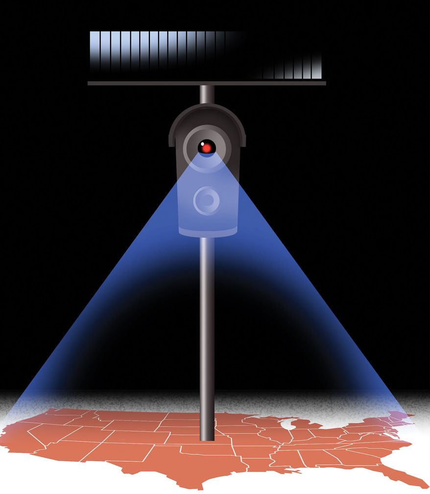 Surveillance cameras tracking American citizens illustration by Alexander Hunter/The Washington Times