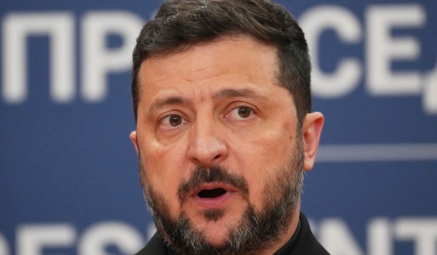 Ukraine's President Volodymyr Zelenskyy speaks during a press conference with his Serbian counterpart Aleksandar Vucic at the Serbia Palace, in Belgrade, Serbia, Saturday, Aug. 8, 2026. (AP Photo/Darko Vojinovic)