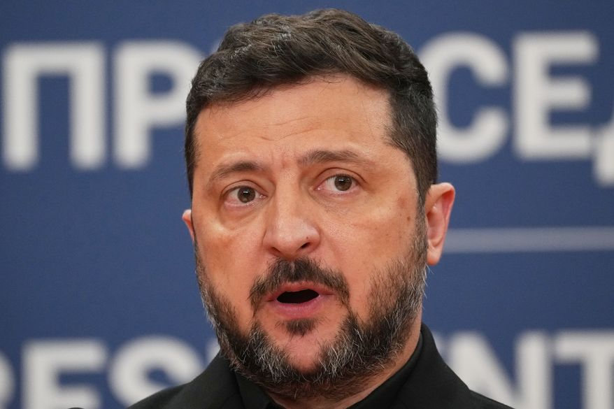 Ukraine's President Volodymyr Zelenskyy speaks during a press conference with his Serbian counterpart Aleksandar Vucic at the Serbia Palace, in Belgrade, Serbia, Saturday, Aug. 8, 2026. (AP Photo/Darko Vojinovic)