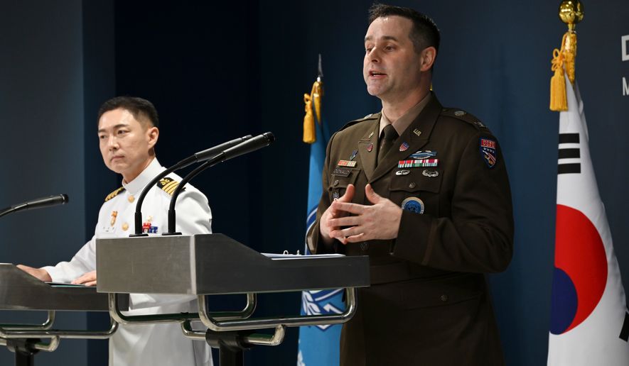 Col. Jang Do-young, left, public affairs director of South Korea's Joint Chiefs of Staff, and Col. Ryan Donaldson, public affairs director of the United Nations Command, Combined Forces Command and United States Forces Korea, attend a press briefing for the Ulchi Freedom Shield 2026 exercise at the Defense Ministry in Seoul, South Korea, on Monday, Aug. 10, 2026. (Song Kyung-Seok/Pool Photo via AP)