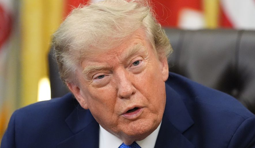 President Donald Trump speaks in the Oval Office of the White House, Thursday, Aug. 6, 2026, in Washington. (AP Photo/Alex Brandon)