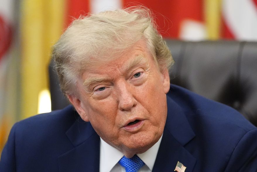 President Donald Trump speaks in the Oval Office of the White House, Thursday, Aug. 6, 2026, in Washington. (AP Photo/Alex Brandon)