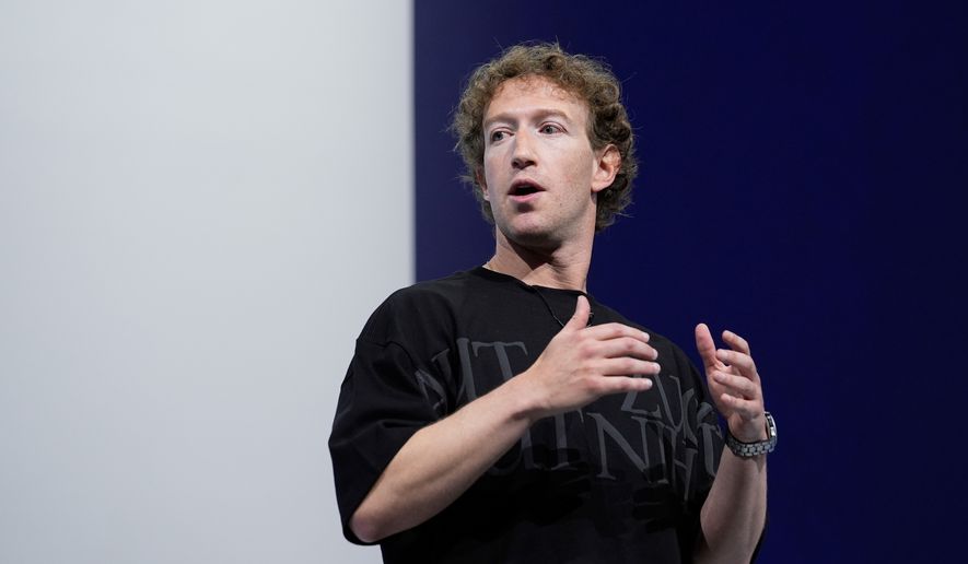 FILE - Mark Zuckerberg talks about the Orion AR glasses during the Meta Connect conference on Sept. 25, 2024, in Menlo Park, Calif. (AP Photo/Godofredo A. Vasquez, File)