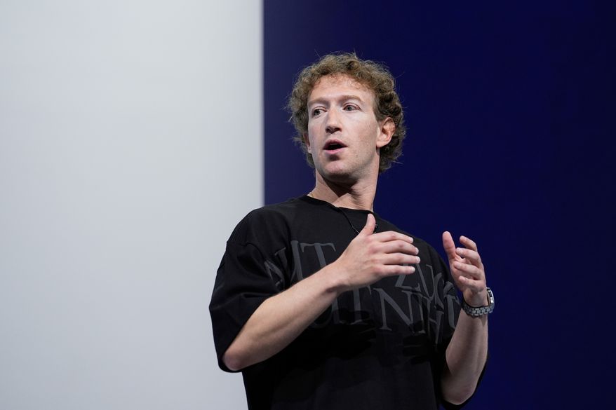 FILE - Mark Zuckerberg talks about the Orion AR glasses during the Meta Connect conference on Sept. 25, 2024, in Menlo Park, Calif. (AP Photo/Godofredo A. Vasquez, File)