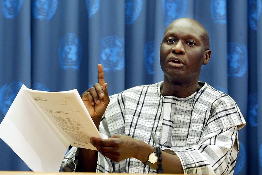 Olara Otunnu, the United Nations special representative for children and armed conflict, briefs reporters on Dec. 16, 2002, at the United Nations. (AP Photo/David Karp, File)