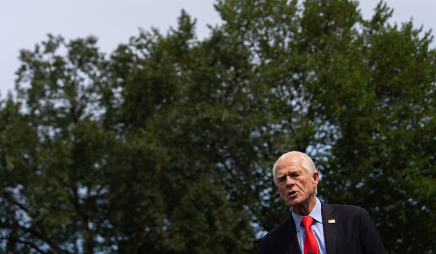 White House trade counselor Peter Navarro speaks with reporters following a video interview with Real America's Voice News, Tuesday, Aug. 11, 2026, outside the White House in Washington. (AP Photo/Julia Demaree Nikhinson)