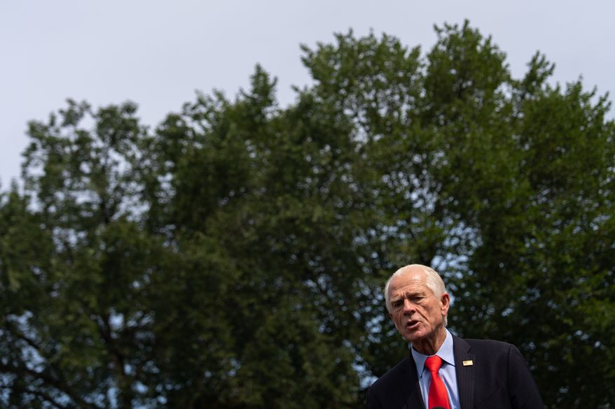 White House trade counselor Peter Navarro speaks with reporters following a video interview with Real America's Voice News, Tuesday, Aug. 11, 2026, outside the White House in Washington. (AP Photo/Julia Demaree Nikhinson)