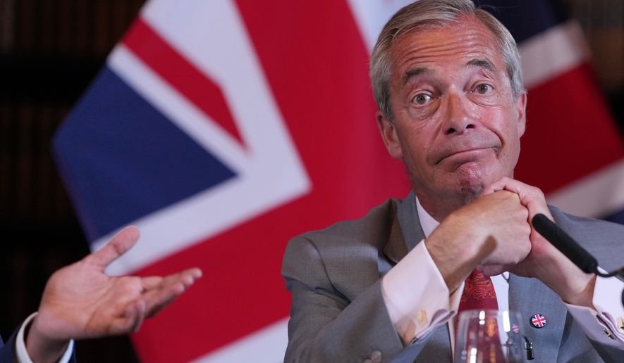 Nigel Farage, Leader of Britain's Reform UK party, attends a press conference in London, Monday, Aug. 10, 2026. (AP Photo/Kin Cheung)