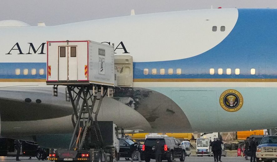 A catering truck is parked at Air Force One on the tarmac as the motorcade carrying U.S. President Donald Trump arrives to depart following the NATO summit at Ankara International Airport in Ankara, Turkey, Wednesday, July 8, 2026. (AP Photo/Alex Brandon)