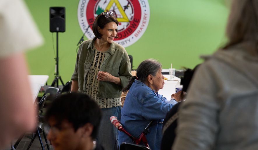 Minnesota Lt. Gov. Peggy Flanagan, a Democratic candidate for U.S. Senate, greets supporters during a campaign event at the Leech Lake Band of Ojibwe Twin Cities Office in Minneapolis, Saturday, Aug. 8, 2026. (AP Photo/Ellen Schmidt)