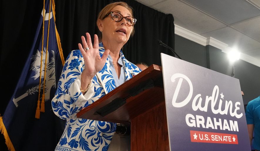 Sen. Darline Graham, R-S.C., speaks with reporters after advancing to a special GOP Senate primary runoff to replace Sen. Lindsey Graham, R-S.C., Tuesday, Aug. 11, 2026, in Columbia, S.C. (AP Photo/Meg Kinnard)
