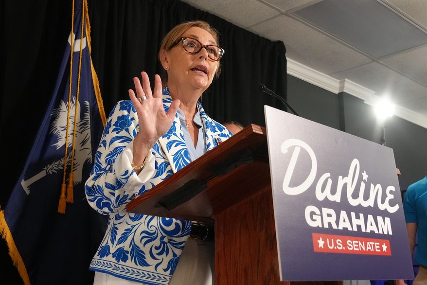 Sen. Darline Graham, R-S.C., speaks with reporters after advancing to a special GOP Senate primary runoff to replace Sen. Lindsey Graham, R-S.C., Tuesday, Aug. 11, 2026, in Columbia, S.C. (AP Photo/Meg Kinnard)