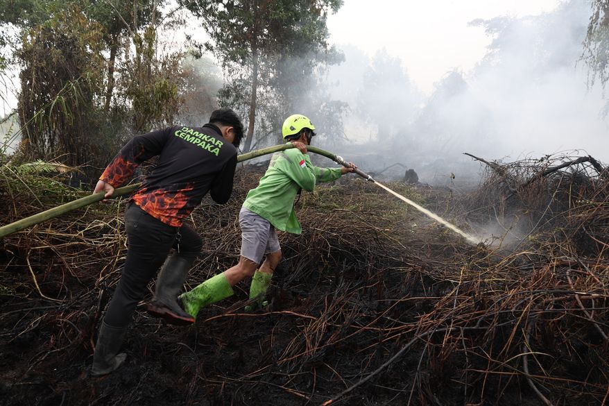 Firefighters spray water in an attempt to extinguish fire that razes through a peatland field in Kubu Raya, West Kalimantan, Indonesia, Tuesday, Aug. 11, 2026. (AP Photo/Stefanus Taman)