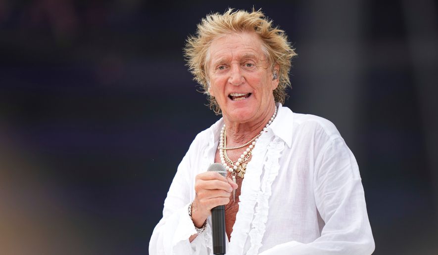 FILE - Rod Stewart performs during the Glastonbury Festival in Worthy Farm, Somerset, England, Sunday, June 29, 2025. (Scott A Garfitt/Invision/AP, File)