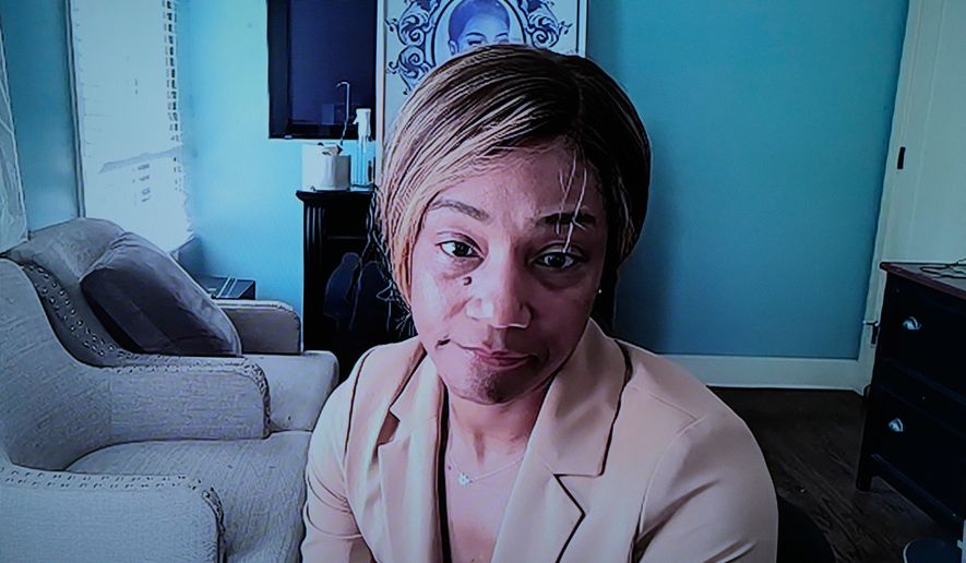 Comedian and actor Tiffany Haddish appears via Zoom during her DUI trial Tuesday, Aug. 11, 2026, in Fayetteville, Ga. (AP Photo/Brynn Anderson)