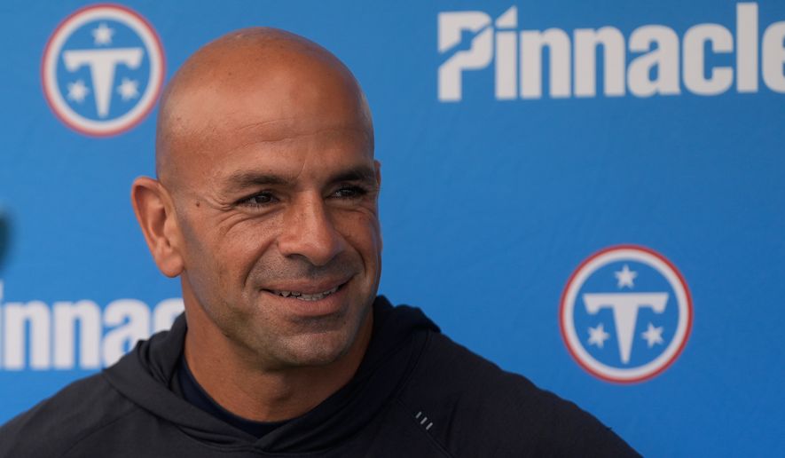 Tennessee Titans head coach Robert Saleh speaks at a news conference after a joint practice with the San Francisco 49ers at the 49ers' NFL football training camp, Tuesday, Aug. 11, 2026, in Santa Clara, Calif. (AP Photo/Jeff Chiu)