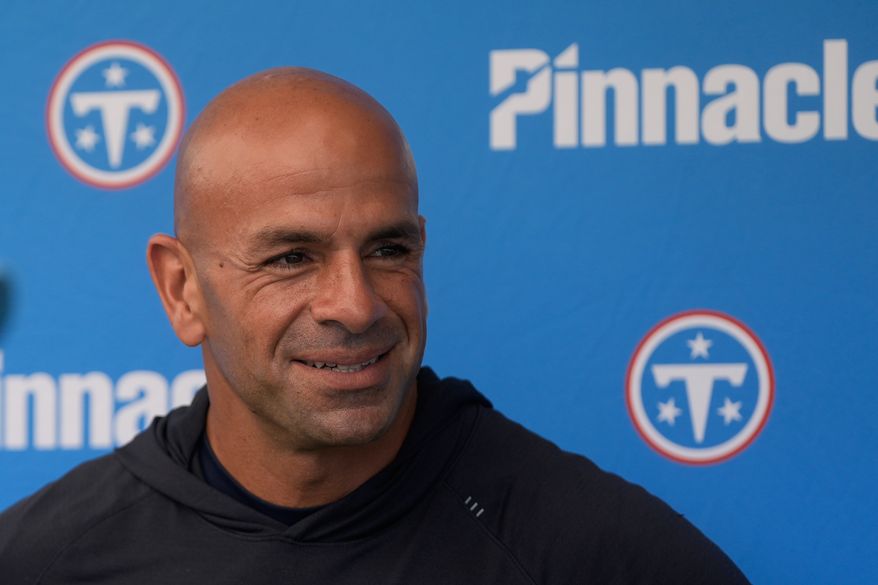Tennessee Titans head coach Robert Saleh speaks at a news conference after a joint practice with the San Francisco 49ers at the 49ers' NFL football training camp, Tuesday, Aug. 11, 2026, in Santa Clara, Calif. (AP Photo/Jeff Chiu)