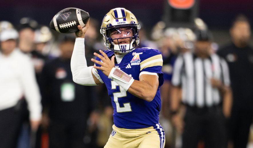 FILE - Washington quarterback Demond Williams Jr. throws a pass during the LA Bowl NCAA college football game against Boise State, Dec. 13, 2025, in Inglewood, Calif. (AP Photo/Kyusung Gong, File)