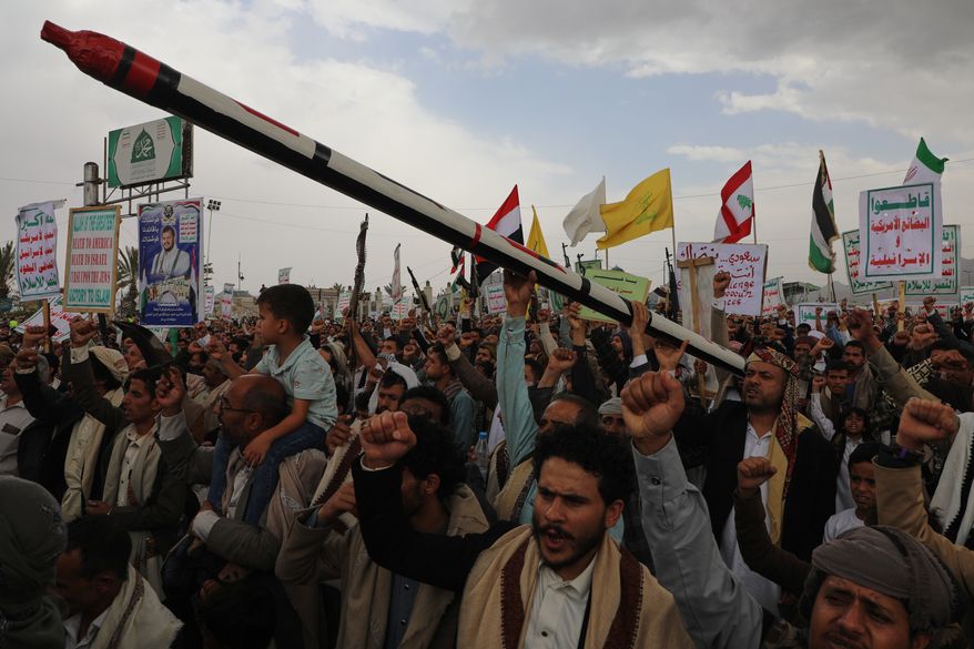 Houthi supporters chant slogans during a rally against the Saudi-led coalition in Sanaa, Yemen, on Friday, July 31, 2026. (AP Photo/Osamah Abdulrahman) **FILE**