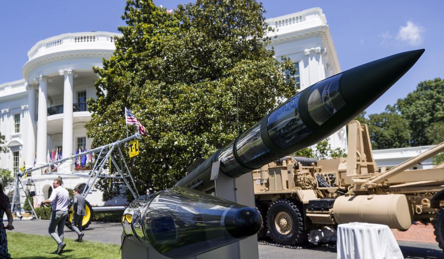 A Terminal High Altitude Area Defense (THAAD) anti-ballistic missile defense system is displayed during a Made in America showcase on the South Lawn of the White House in Washington on July 15, 2019. (AP Photo/Alex Brandon) **FILE**