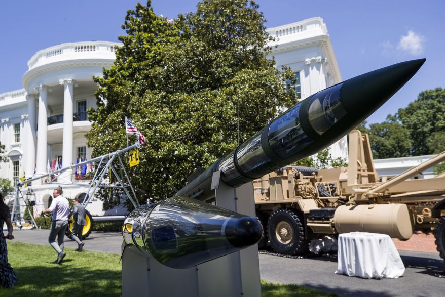A Terminal High Altitude Area Defense (THAAD) anti-ballistic missile defense system is displayed during a Made in America showcase on the South Lawn of the White House in Washington on July 15, 2019. (AP Photo/Alex Brandon) **FILE**