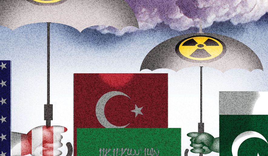 Turkey, Pakistan, Saudi Arabia defense pact against Iran and shutting out the United States of America's nuclear deterrent illustration by Alexander Hunter/The Washington Times