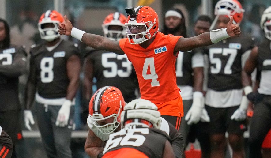 Cleveland Browns quarterback Deshaun Watson (4) during the team's NFL football training camp, Monday, Aug. 10, 2026, in Berea, Ohio. (AP Photo/Sue Ogrocki)
