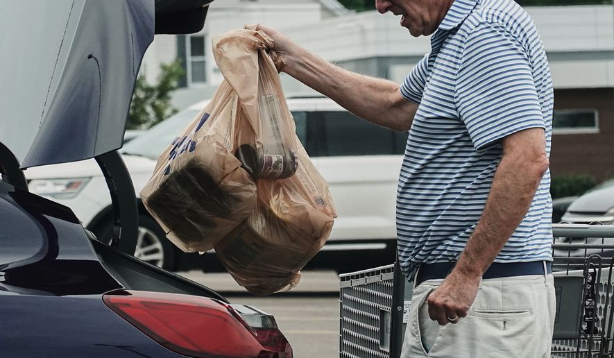 A person loads groceries in plastic bags into their vehicle, May 18, 2026, at a grocery store in Cincinnati. (AP Photo/Joshua A. Bickel, File)