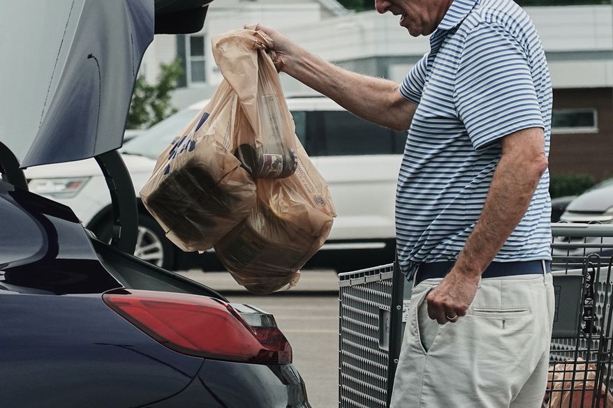 A person loads groceries in plastic bags into their vehicle, May 18, 2026, at a grocery store in Cincinnati. (AP Photo/Joshua A. Bickel, File)
