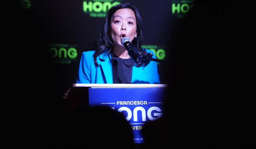 Democratic gubernatorial candidate Francesca Hong speaks during a primary election night watch party Tuesday, Aug. 11, 2026, in Madison, Wis. (AP Photo/Nam Y. Huh)
