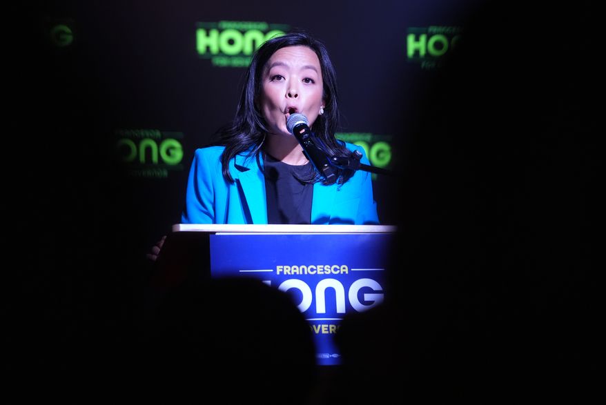 Democratic gubernatorial candidate Francesca Hong speaks during a primary election night watch party Tuesday, Aug. 11, 2026, in Madison, Wis. (AP Photo/Nam Y. Huh)