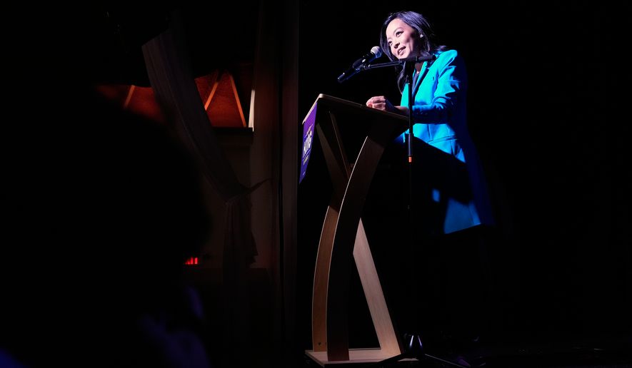 Democratic gubernatorial candidate Francesca Hong speaks during a primary election night watch party Tuesday, Aug. 11, 2026, in Madison, Wis. (AP Photo/Nam Y. Huh)