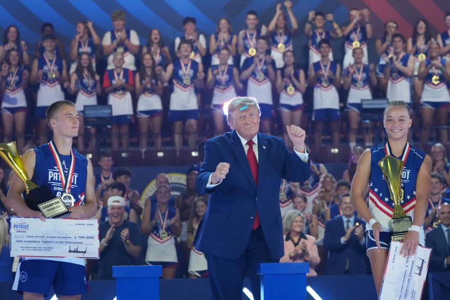 President Donald Trump attends the Patriot Games at Spire Academy in Geneva, Ohio, Tuesday, Aug. 11, 2026. (AP Photo/Mark Schiefelbein)