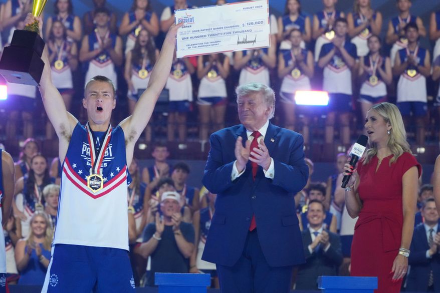 President Donald Trump attends the Patriot Games at Spire Academy in Geneva, Ohio, Tuesday, Aug. 11, 2026. (AP Photo/Mark Schiefelbein).