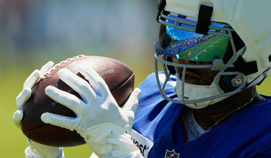 New York Giants' Odell Beckham Jr. catches a pass during an NFL football training camp, Friday, July 31, 2026, in White Sulphur Springs, W.Va. (AP Photo/Chris Carlson)
