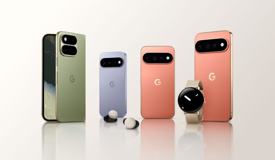 This image provided by Google in August 2026 shows its lineup of Pixel 11 phones, the Pixel Watch 5 and ear buds. (Google via AP)