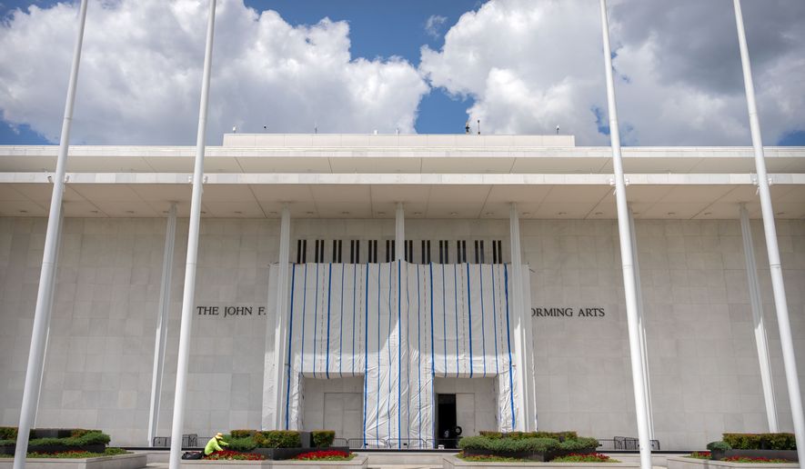 The exterior of the Kennedy Center is seen, Friday, July 31, 2026, in Washington. (AP Photo/Mark Schiefelbein)