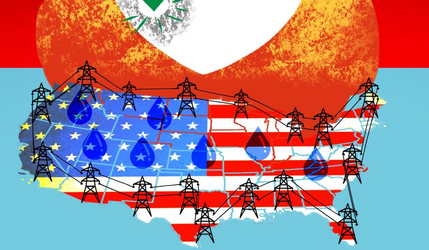 The United States of America protecting critical infrastructure (water, communication, transportation and energy) illustration by Linas Garsys / The Washington Times