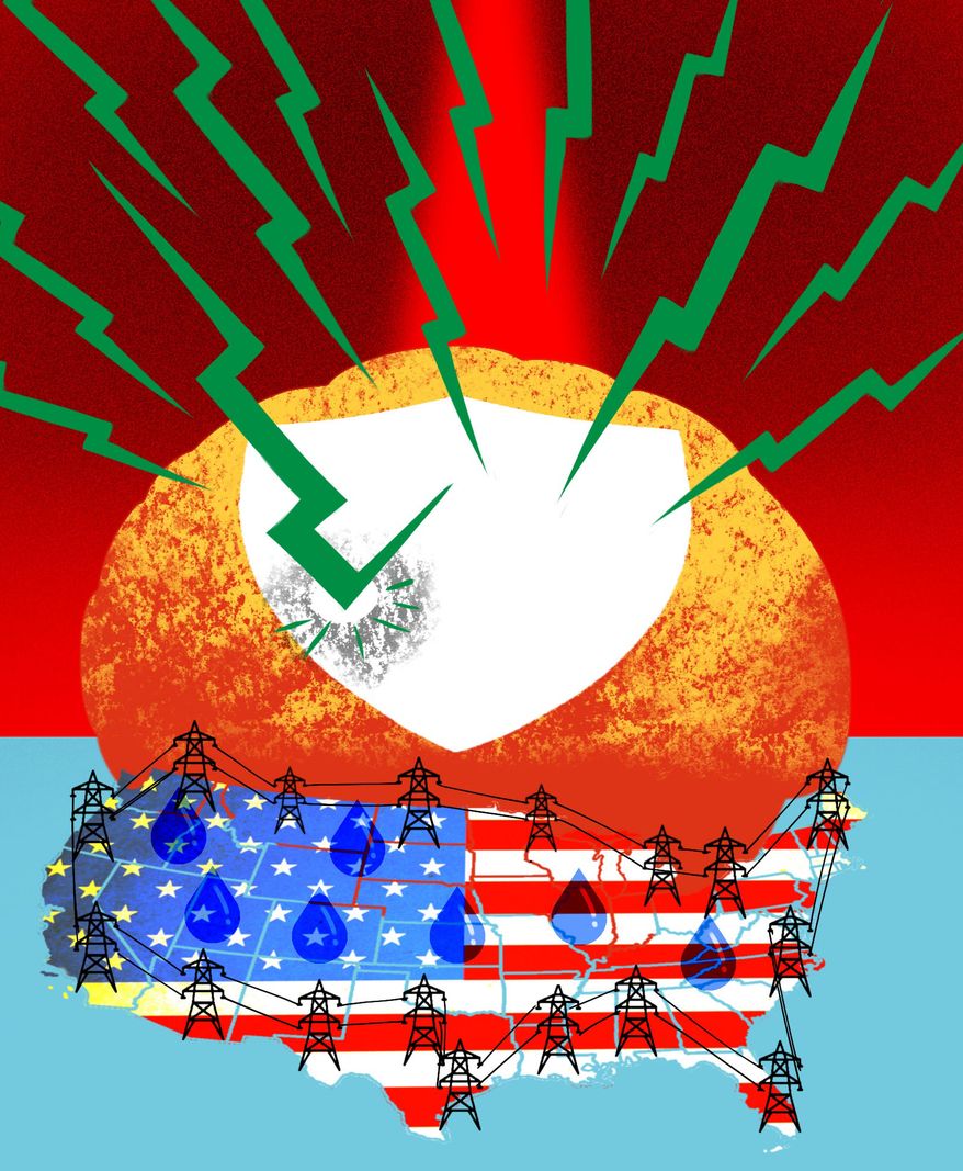 The United States of America protecting critical infrastructure (water, communication, transportation and energy) illustration by Linas Garsys / The Washington Times