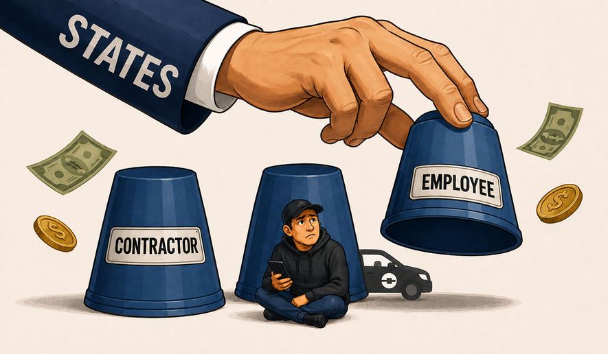 States treating workers as contractors for federal aid and employees for taxes Illustration generated by ChatGPT for The Washington Times