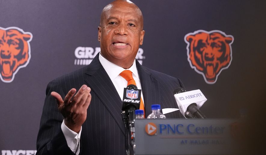 Chicago Bears President and CEO Kevin Warren addresses the team's ongoing stadium plans during a news conference Thursday, Aug. 13, 2026, in Lake Forest, Ill. (AP Photo/Nam Y. Huh)