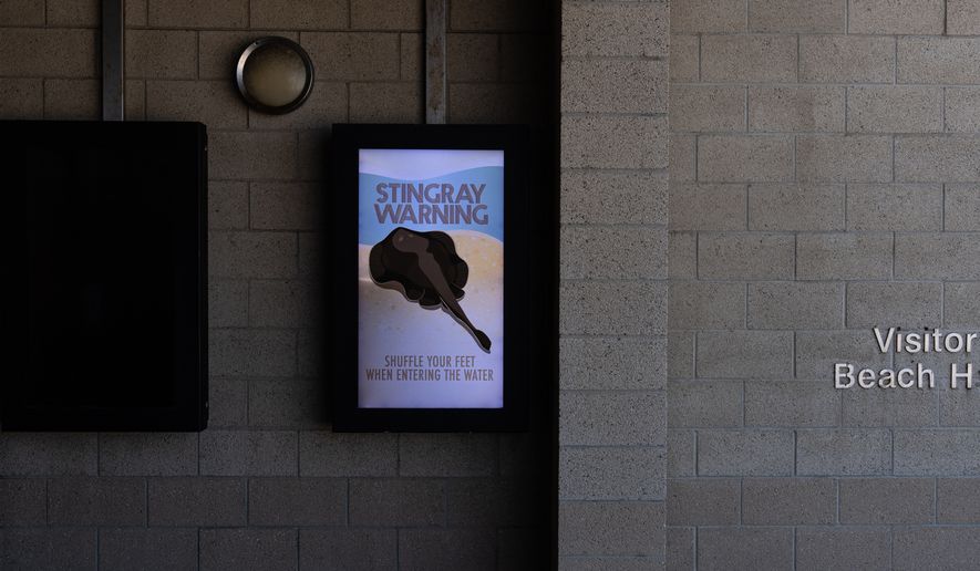 A stingray warning is displayed at Bolsa Chica State Beach in Huntington Beach, Calif., Friday, July 24, 2026. (AP Photo/Jae C. Hong)