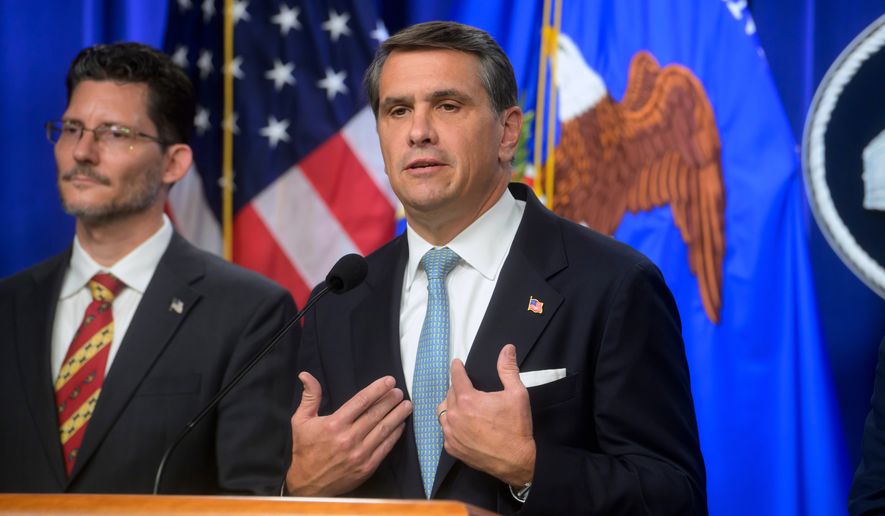 Acting Attorney General Todd Blanche, right, is joined by Deputy Assistant Secretary of the Department of State's Bureau of International Narcotics and Law Enforcement Affairs, Ambassador Michael C. Gonzales, left, during a news conference at the Department of Justice, Wednesday, August 5, 2026 in Washington. (AP Photo/Rod Lamkey, Jr.)