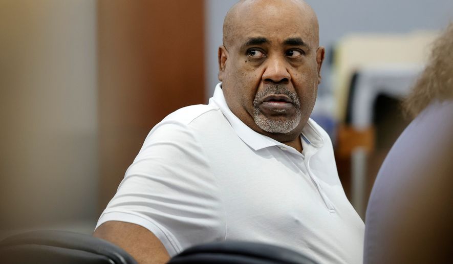 Duane Davis appears in court during the third day of jury selection in his murder trial, related to the 1996 killing of rapper Tupac Shakur, at Clark County District Court Regional Justice Center on Wednesday, Aug. 12, 2026, in Las Vegas. (Steve Marcus/Las Vegas Sun via AP, Pool)